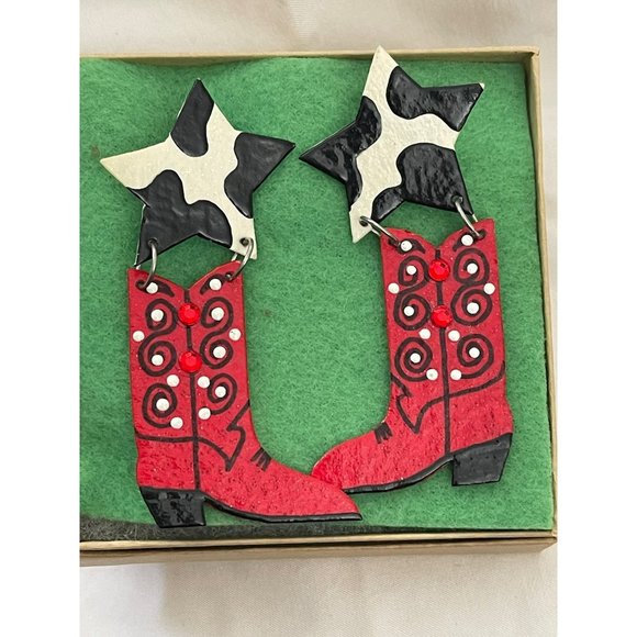 Fashion Jewelry Jewelry - Boots n Stars Red Boots and Cow Stars Pierced Earrings